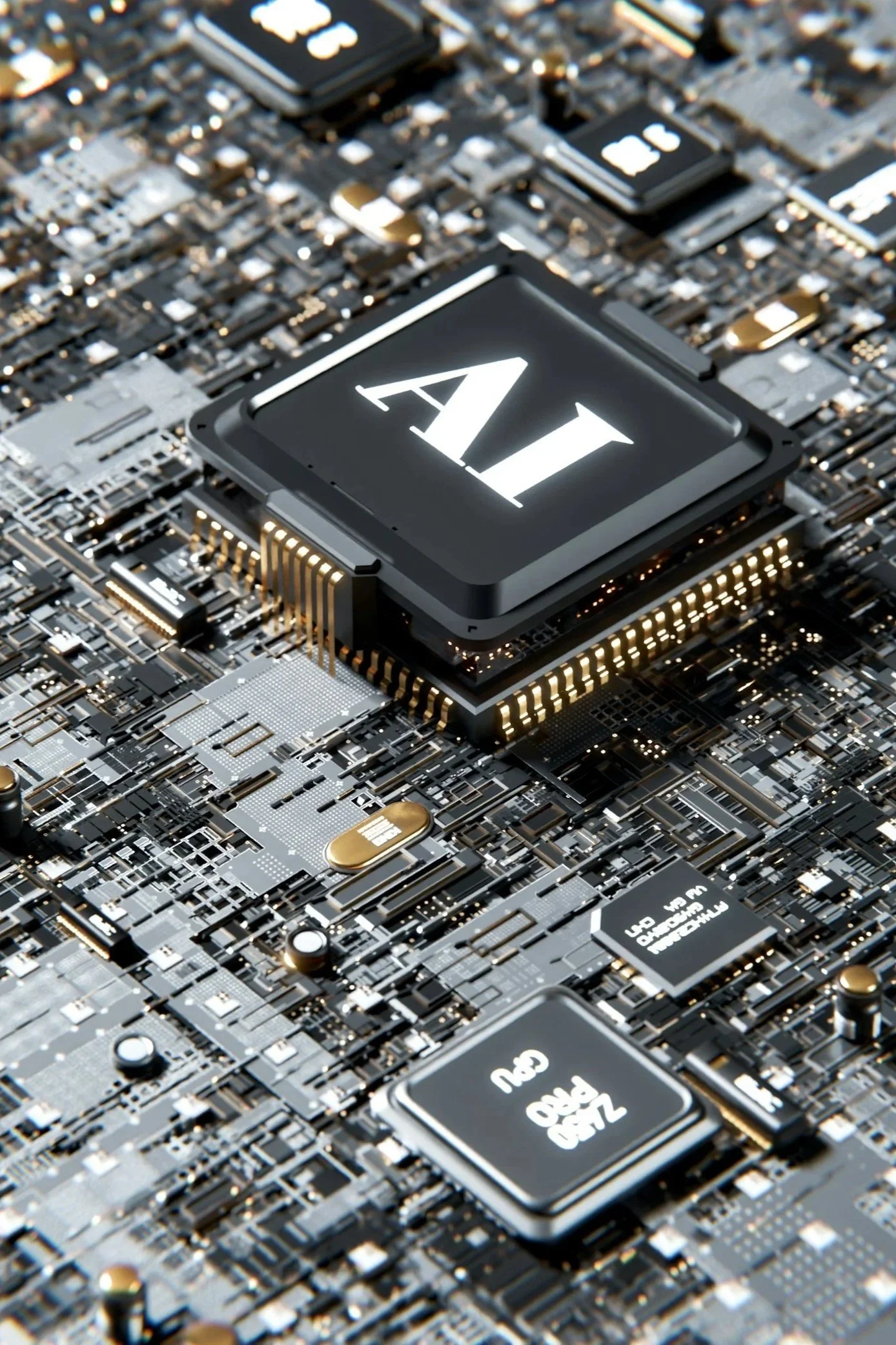 Close-up view of a computer motherboard with an illuminated LED display showing the text 'AI'. The motherboard features numerous electronic components, circuits, and connectors.