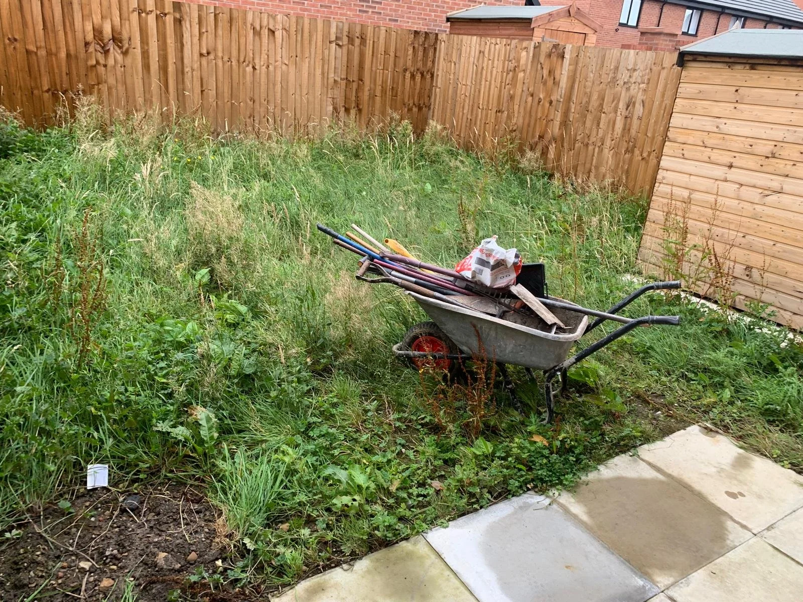 A wheelbarrow filled with gardening tools and a bag, resting on overgrown grass and weeds beside a brick and wooden fence.