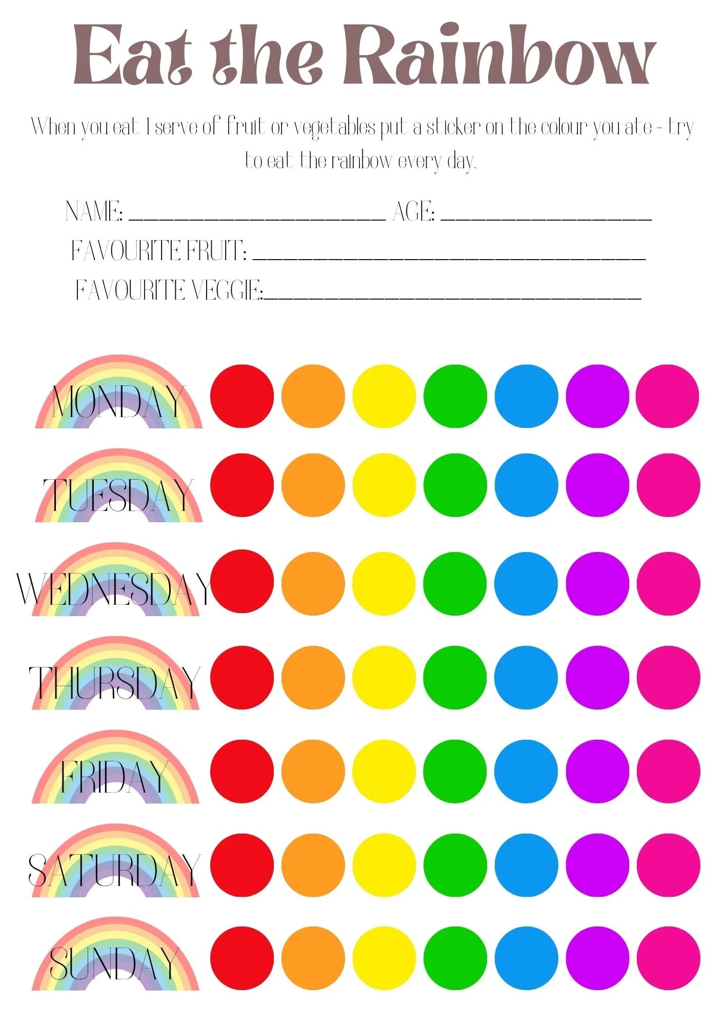 Eat the Rainbow - Nourishing Kids Game 
Print it out (in colour), laminate it, get some stickers and as they eat a serve of that colour in the form of fruits, vegetables, herbs etc. get them to pop the sticker on. Getting them involved and making a g