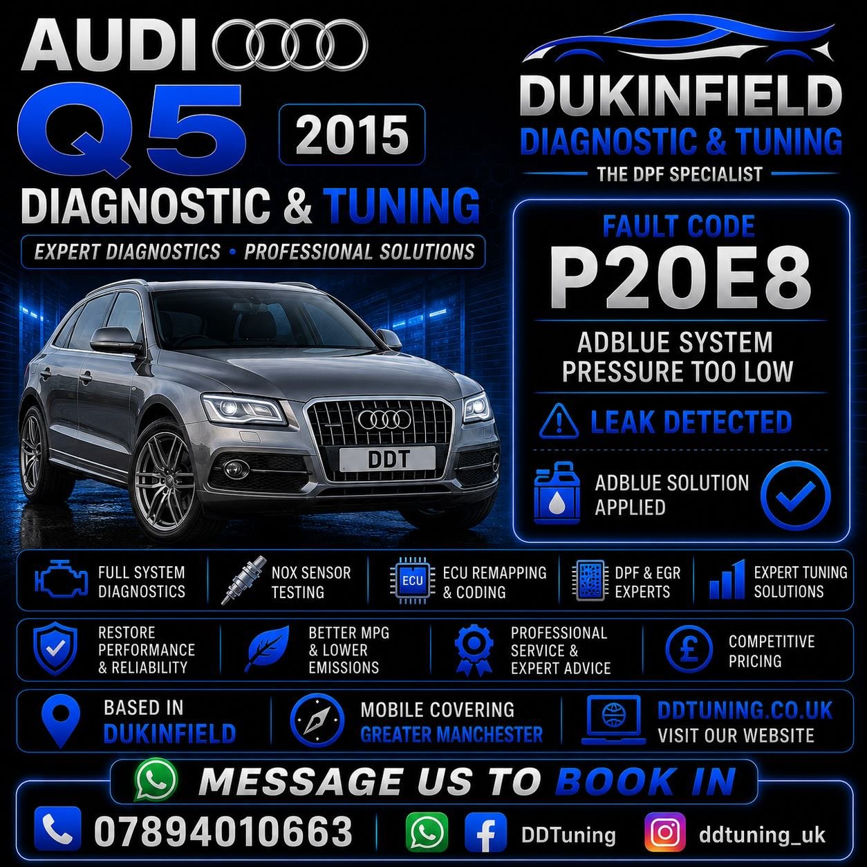 Called out to Bury this morning to take a look at a Audi Q5 with Adblue system low pressure faults 

Customer decided best Cost &amp; Time efficient way to deal with it was a softwear adjustment all done at his home address job completed within a hou