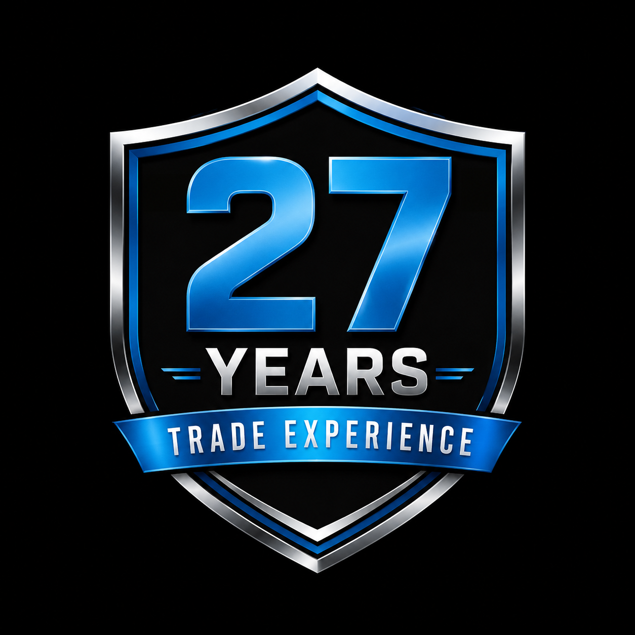 A logo with a shield design celebrating 27 years of trade experience, featuring blue and silver colors on a black background.