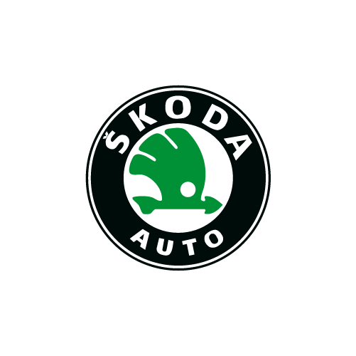 Skoda Auto logo with green emblem on black background.