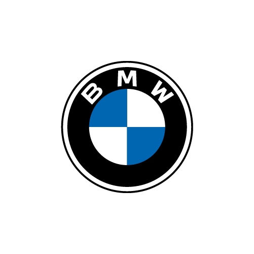 BMW logo with blue and white quadrants on black background.