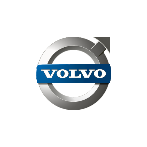 Close-up of a Volvo logo on an industrial equipment or machinery part, with the word 'VOLVO' in white letters on a blue background.