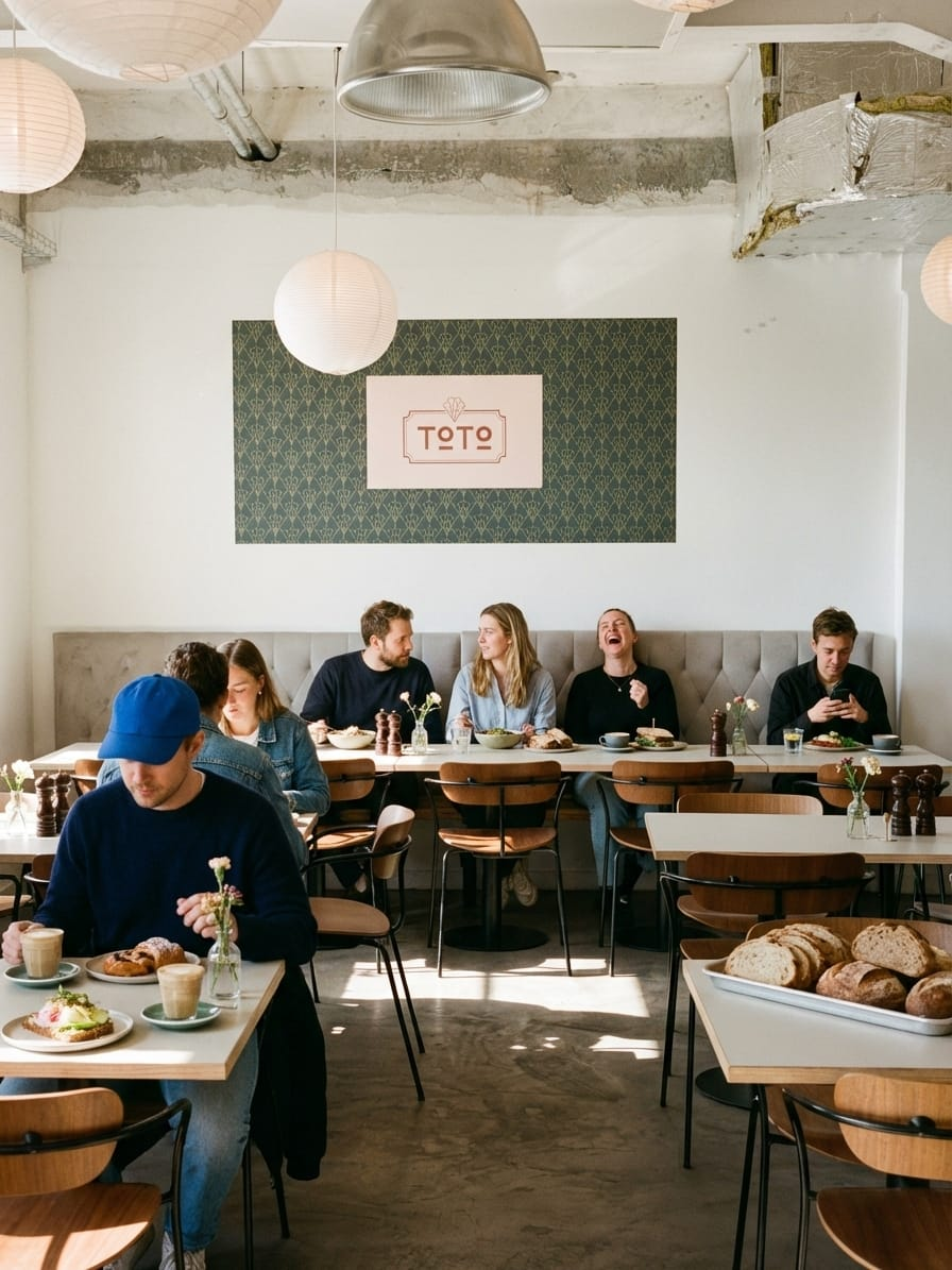Frokost og samtale omkring bordene i ToTos kantine