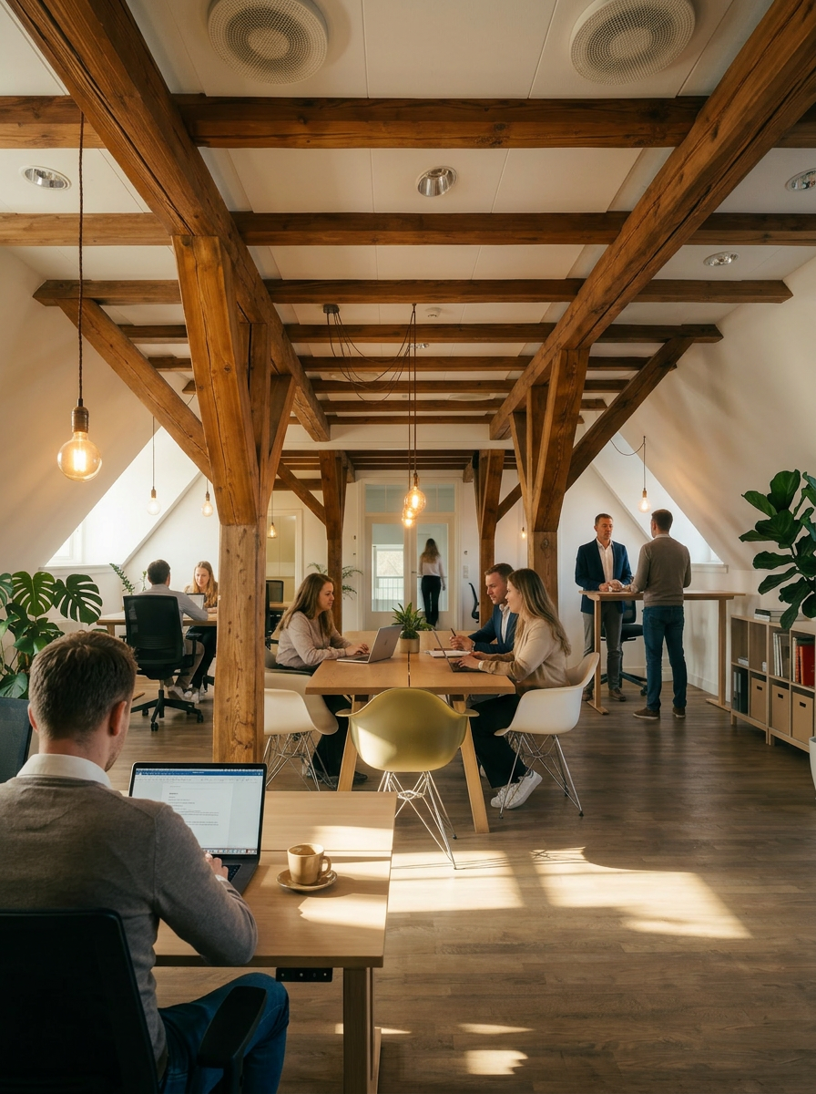 Kontormiljø med flere arbejdspladser, mødebord og synlige træbjælker hos ToTo