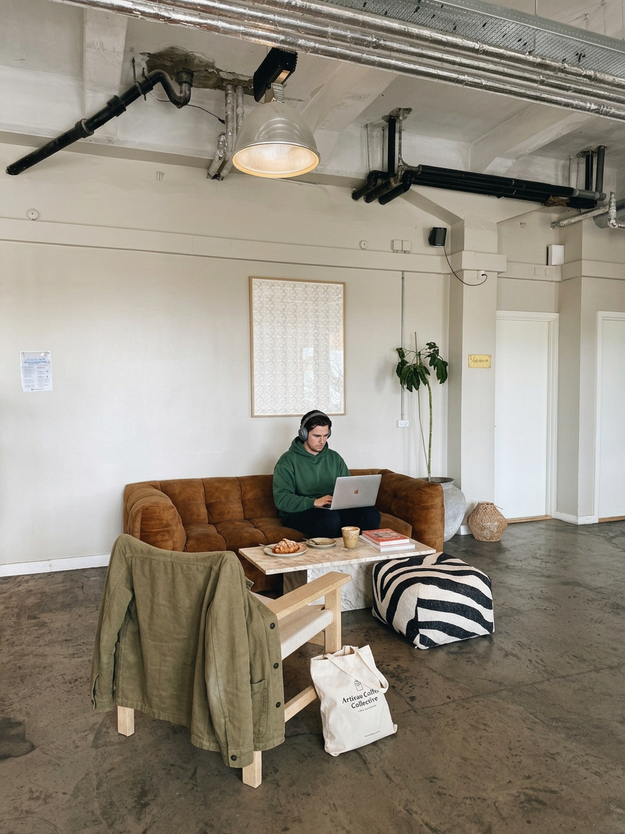Arbejdsplads i sofaen i ToTos lounge med bærbar computer og kaffe