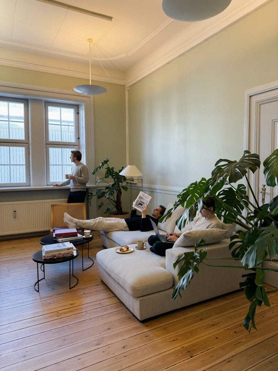 Lounge med sofa, grønne planter og plads til en pause hos ToTo