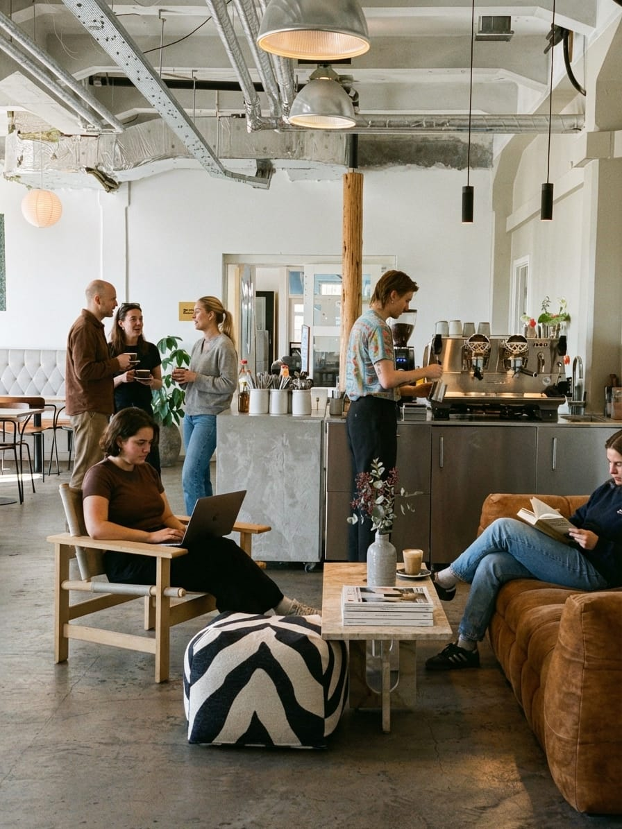 Kaffe, samtaler og arbejde i ToTos fællesområde ved kaffebaren