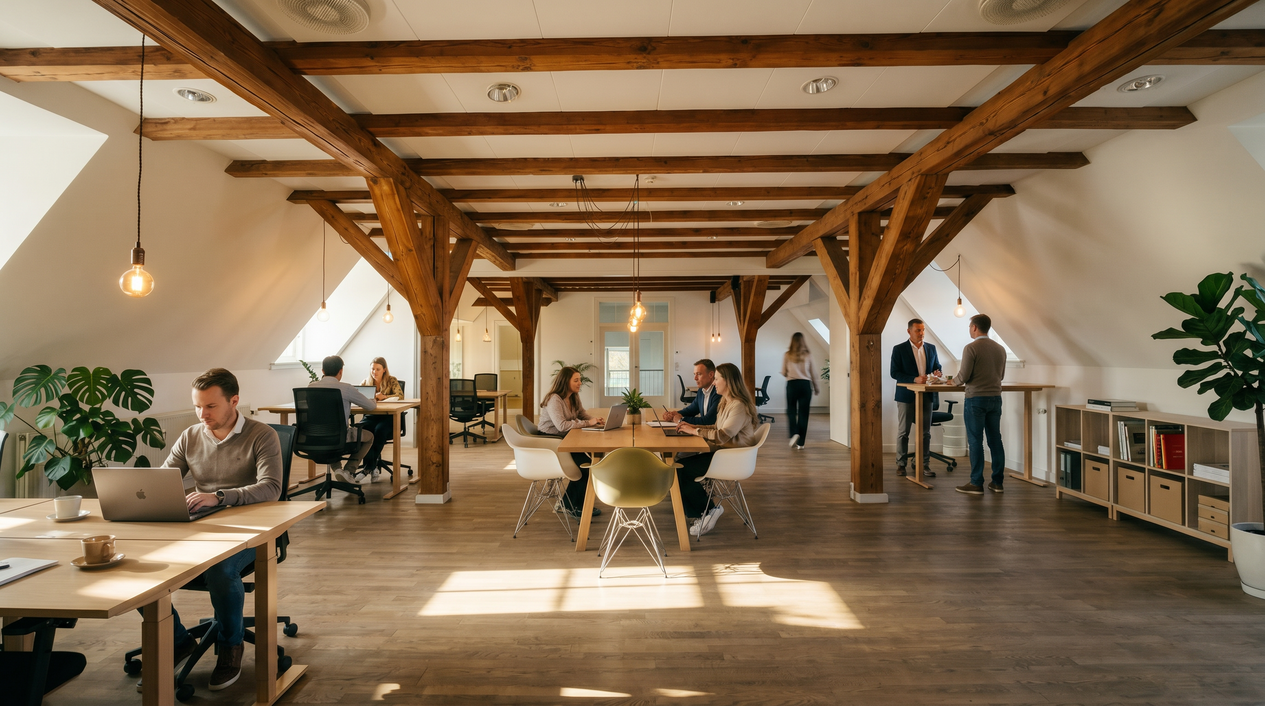 Åbent kontormiljø med arbejdspladser og synlige træbjælker hos ToTo i Jernbanebyen