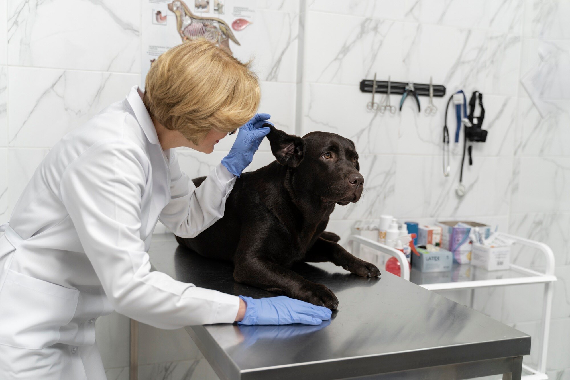 A veterinarian examining a black Labrador retriever dog on an examination table in a veterinary clinic.