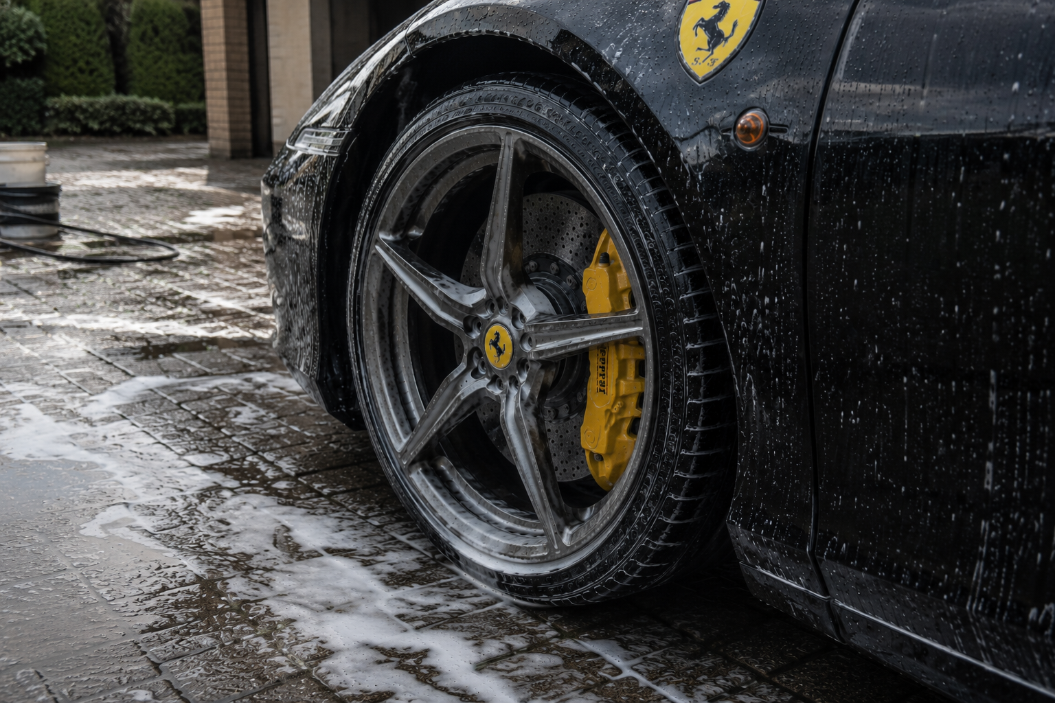 Close-up of a black Ferrari sports car being washed, with soap suds on the tire, wheel, and body, showcasing a yellow brake caliper and Ferrari logo.