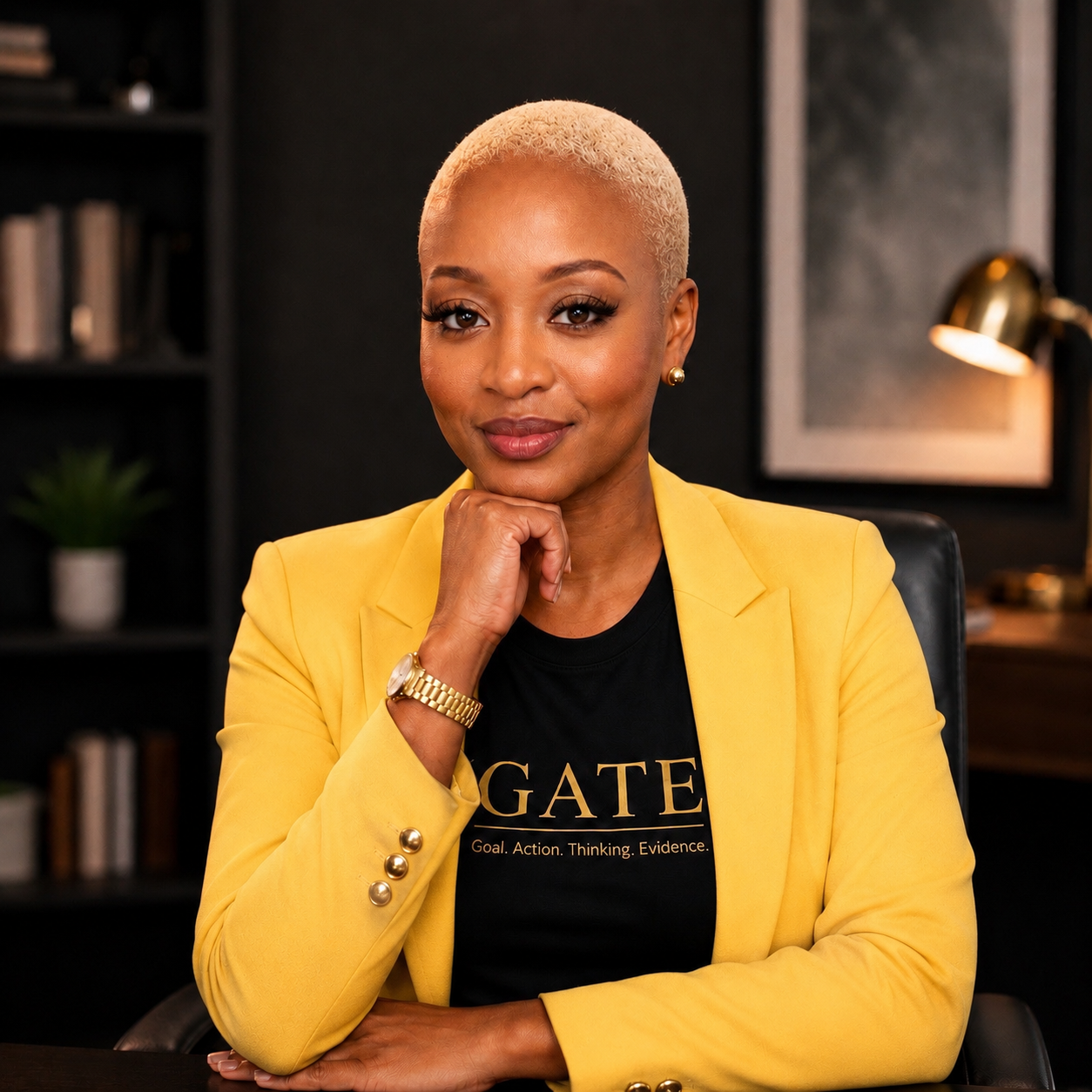 A professional woman with short blonde hair and a confident smile, wearing a yellow blazer and black T-shirt, sitting at a desk in an office with dark walls and bookshelves in the background.