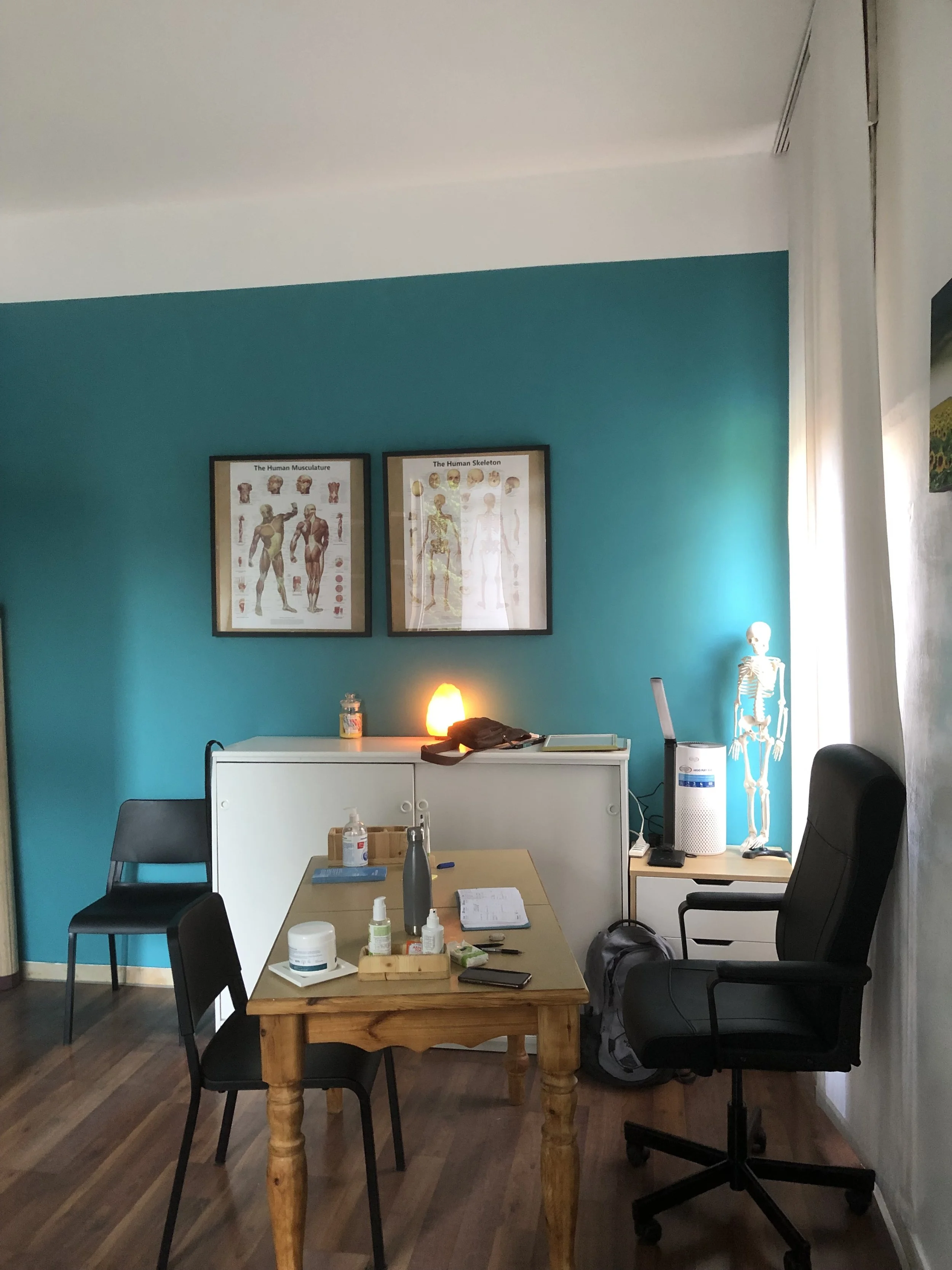 Stanza con pareti turchesi, due poster artistici sul muro raffiguranti muscoli umani e scheletro umano, un tavolo di legno con vari oggetti medici e una sedia nera, una sedia di ufficio nera, una pianta di plastica, una lampada luminosa, una scatola con prodotti medicali, una statua dello scheletro umano, un purificatore d'aria, una stanza luminosa con finestra e tende bianche.