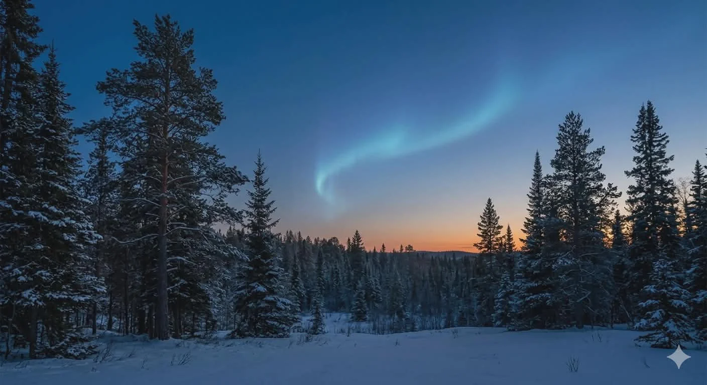 Forêt enneigée au coucher du soleil avec aurore boréale en ciel.