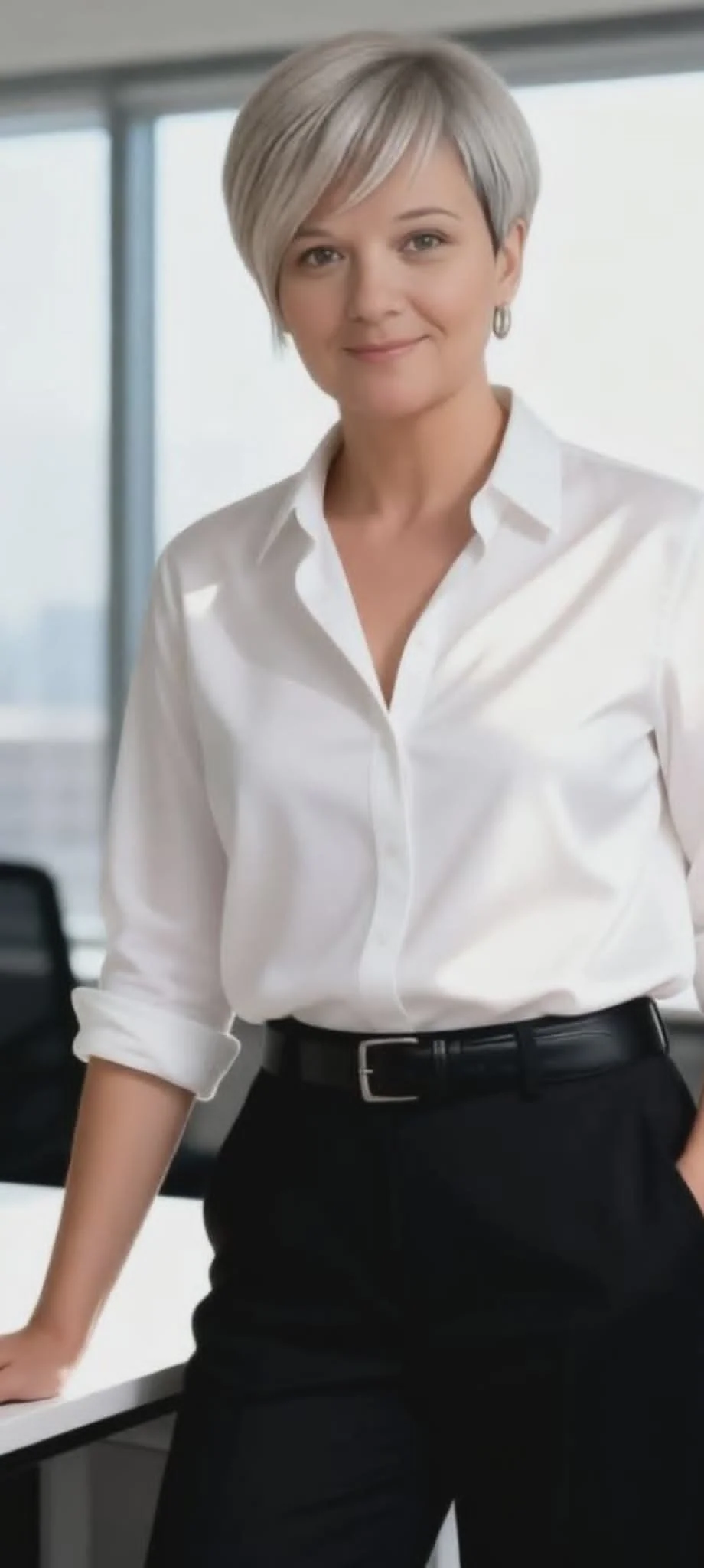 Femme souriante en chemise blanche et pantalon noir dans un bureau moderne.