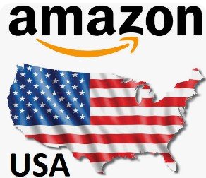 Logo Amazon avec une carte des États-Unis ornée du drapeau américain.