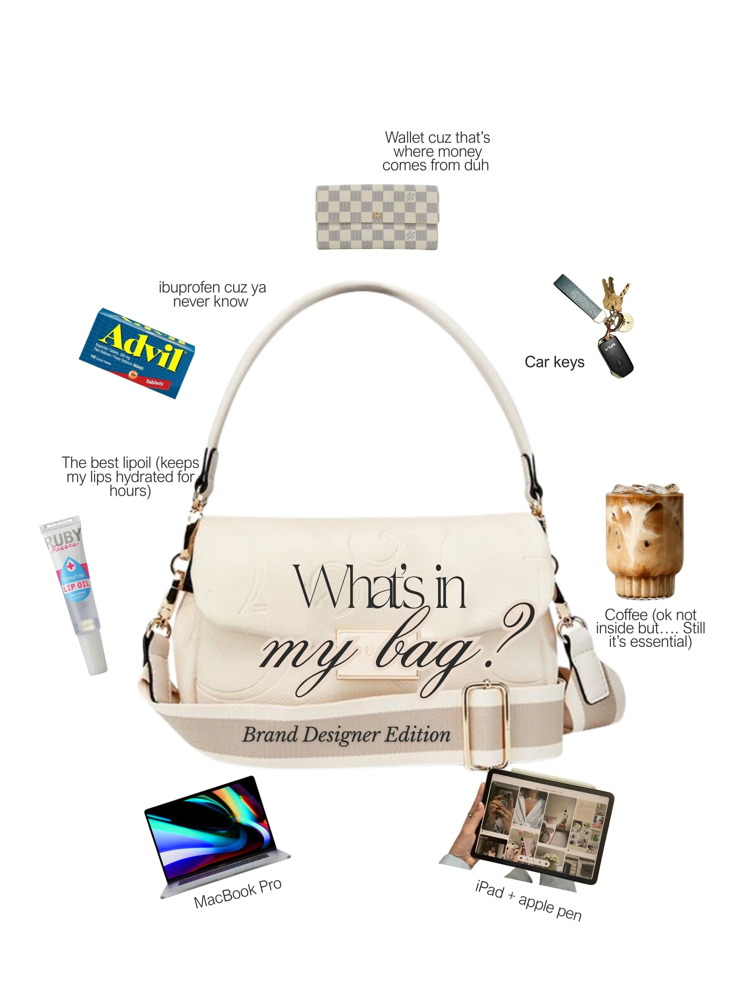Ok I&rsquo;m more boring than I thought 🥲 what do you guys keep in your bags? Make me feel better lol. #branddesign #designer #purse #business
