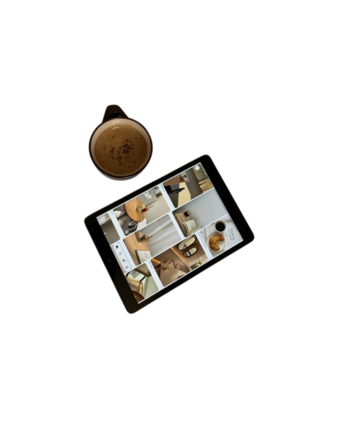 Top view of a smartphone displaying a furniture app, beside a cup of coffee on a black surface.