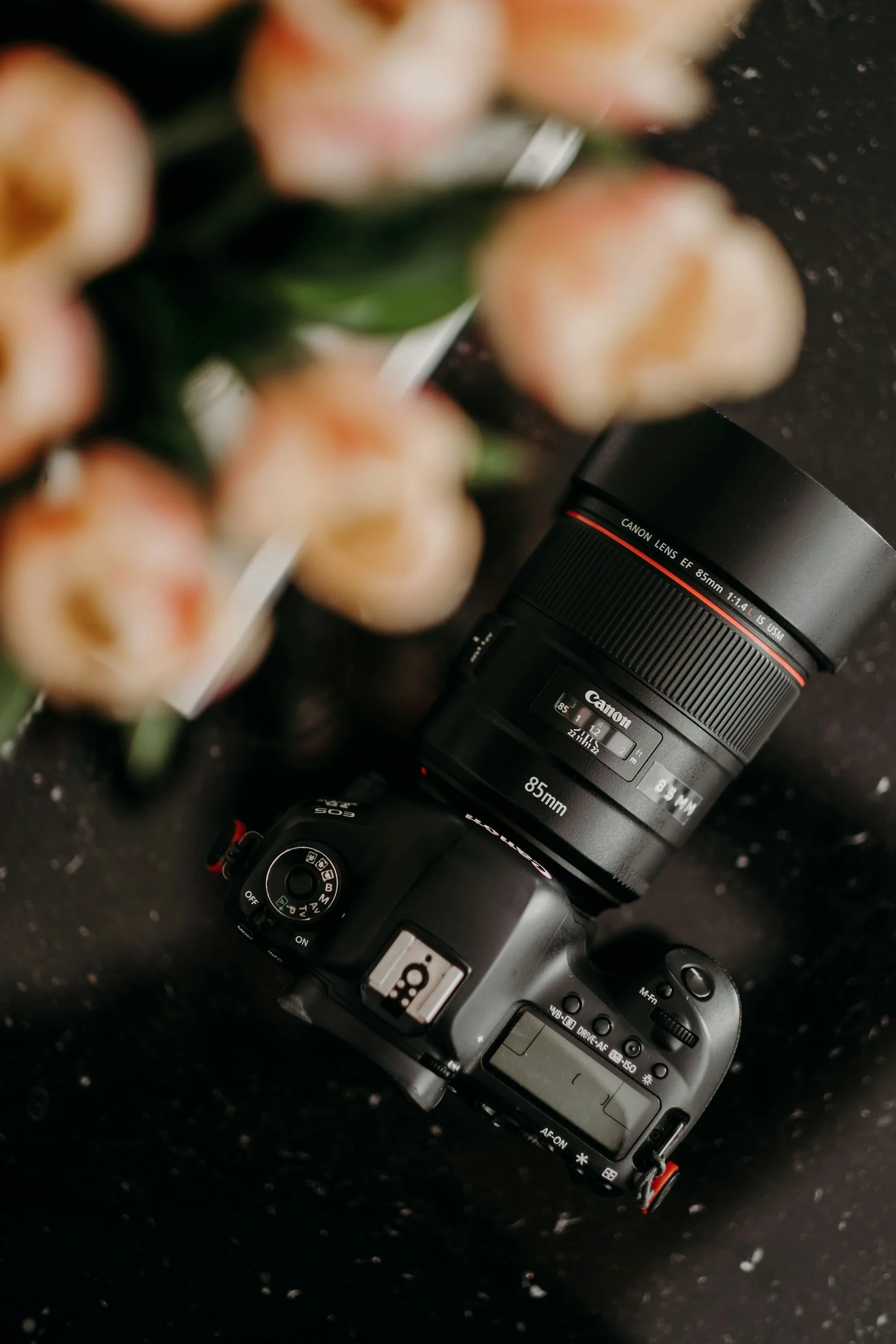 Close-up of a Canon professional camera with a large lens, surrounded by pink and white flowers on a black speckled surface.