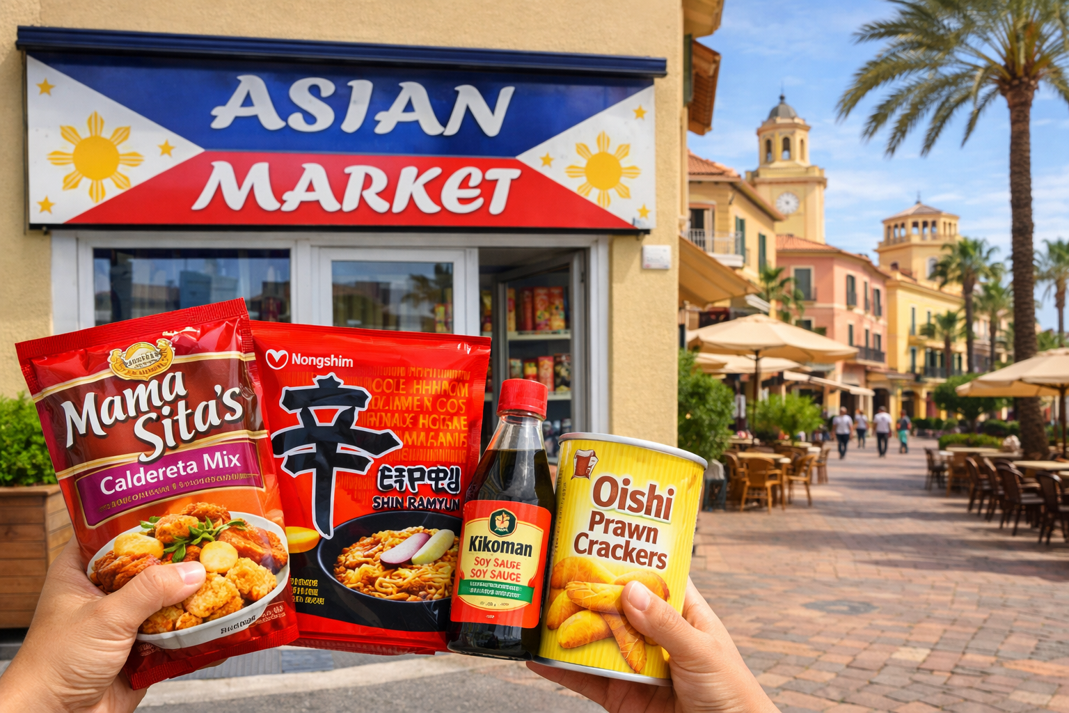 Hand holding various Asian food products in front of a small Asian market store. The products include Mama Sita's Caldereta Mix, Shin Ramyun noodle pack, Kikoman soy sauce, and Oishi Prawn Crackers. The market is in a tropical area with palm trees and colorful buildings in the background.