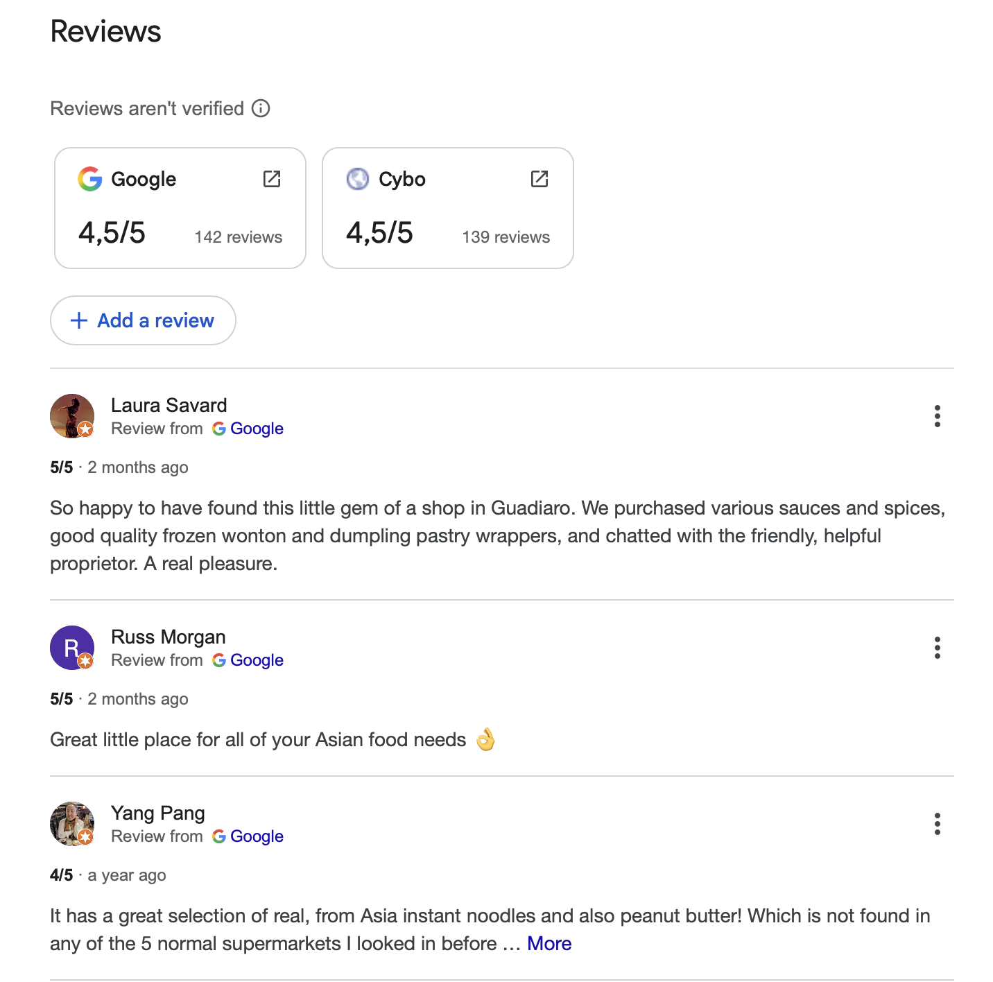 Screenshot of online reviews for a restaurant, showing ratings from Google and other users with comments about Asian cuisine and specific dishes.