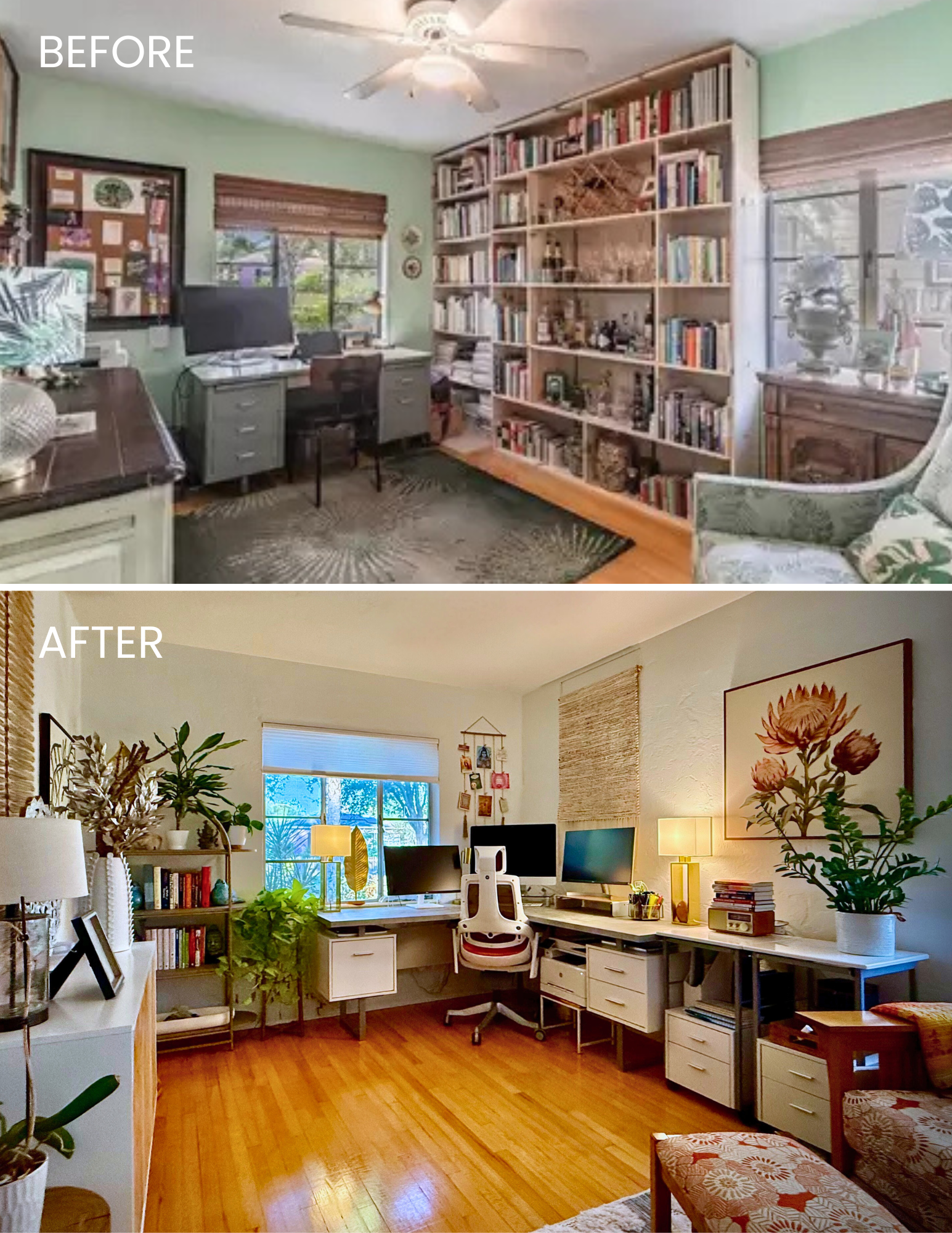 A bright home office with multiple computer monitors, a white desk, white furniture, indoor plants, and a large window with blinds, decorated with artwork and accessories.