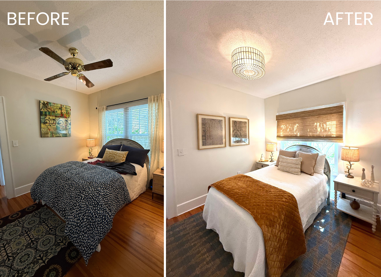 A bedroom before and after renovation showing a bed with different bedding, wall art, and window treatments in each image.