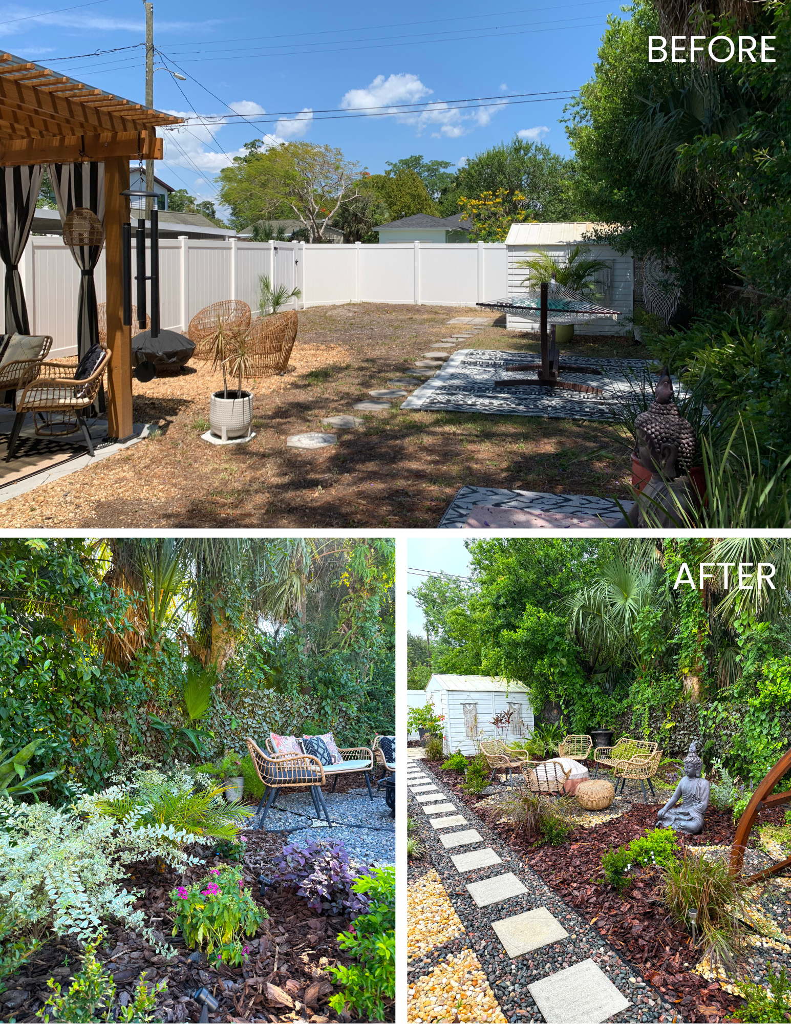 Comparison photo of a backyard before and after landscaping. The 'Before' section shows a yard with sparse grass, dirt, and a few plants. The 'After' section displays a lush, green garden with dense trees, shrubs, decorative elements, and a stone pathway.