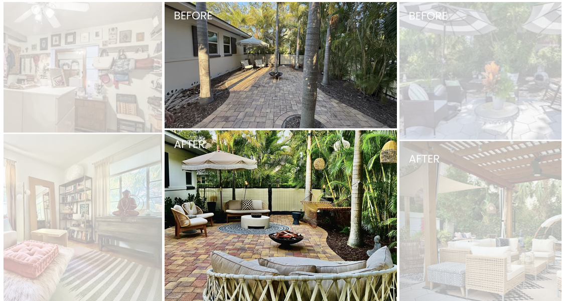 Transformation of a backyard from a plain, paved area to a lush, decorated outdoor seating space with umbrellas and tropical plants.