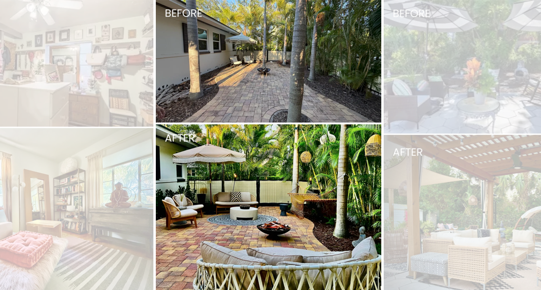 A backyard before and after renovation showing a paved patio area with trees, outdoor furniture, and lush greenery.