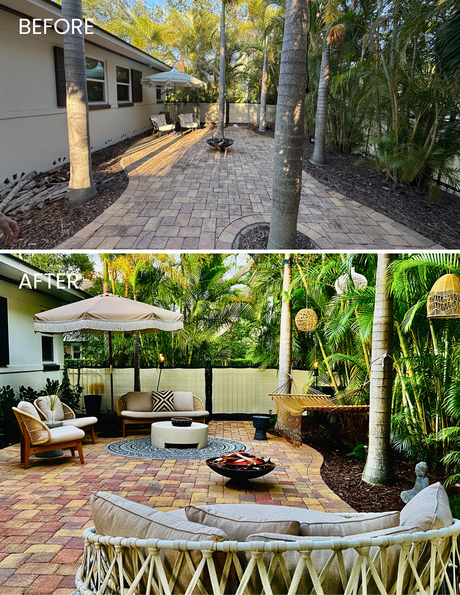 A backyard patio with a brick floor, surrounded by tall palm trees and lush greenery. The space is furnished with outdoor seating, including chairs, a sofa, and a round coffee table, along with decorative lanterns, umbrellas, and a small Buddha statue.