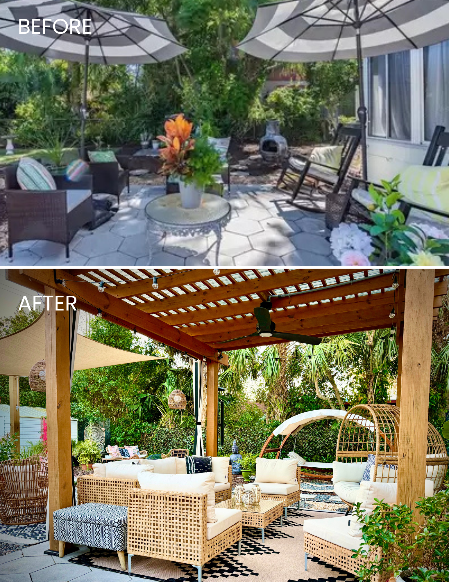 The image shows an outdoor patio area with wicker and cushioned seating, a coffee table, plants, and a wooden pergola with string lights hanging from it, surrounded by lush green trees.