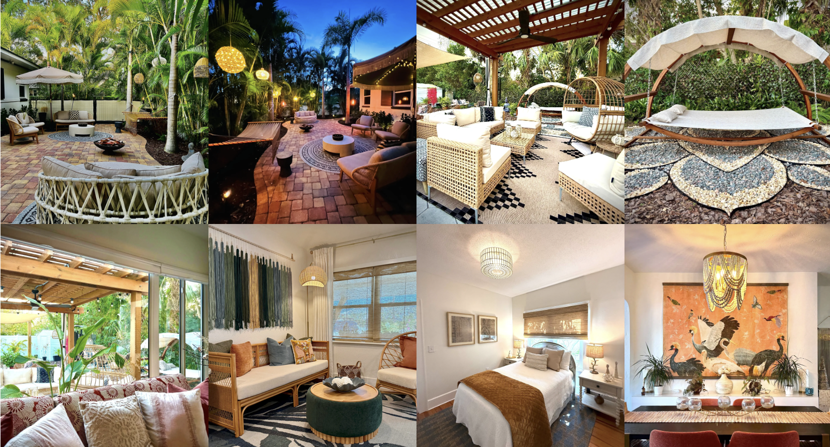 Collage of eight images showing various outdoor and indoor living spaces with furniture, decor, and greenery, including patios, lounges, bedrooms, and a dining area.