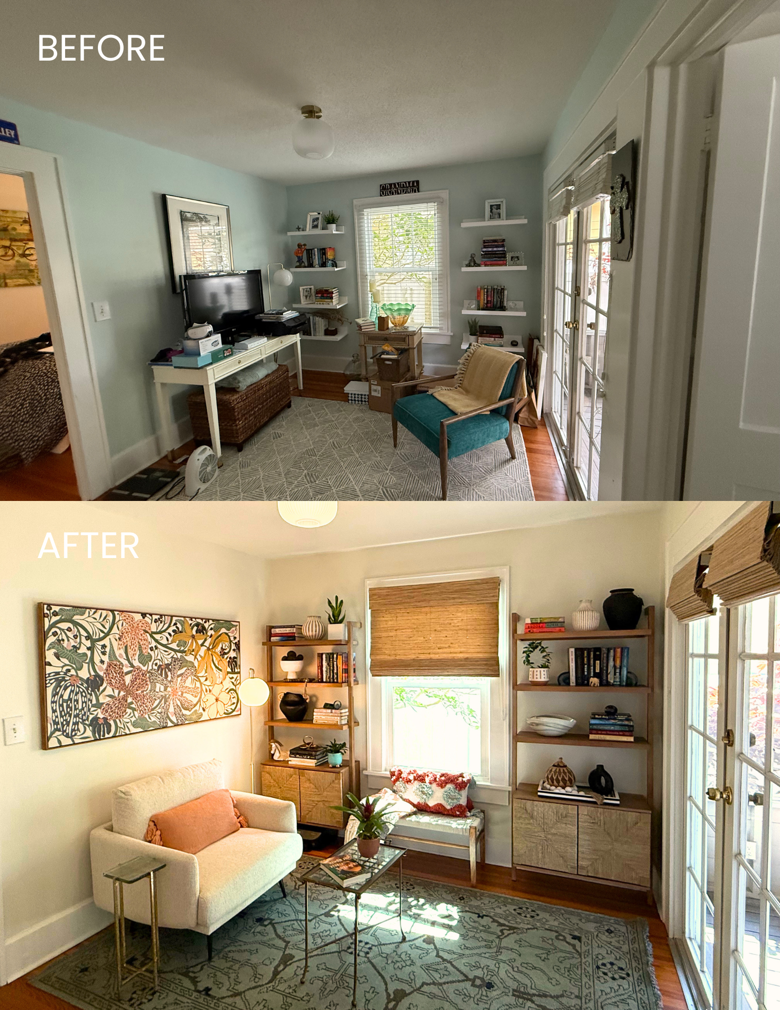 Before and after photos of a living room renovation. The before image shows a cluttered living room with a small TV on a white table, teal armchair, and floating shelves. The after image shows a more organized, decorated space with a beige sofa, artwork, and additional decor.