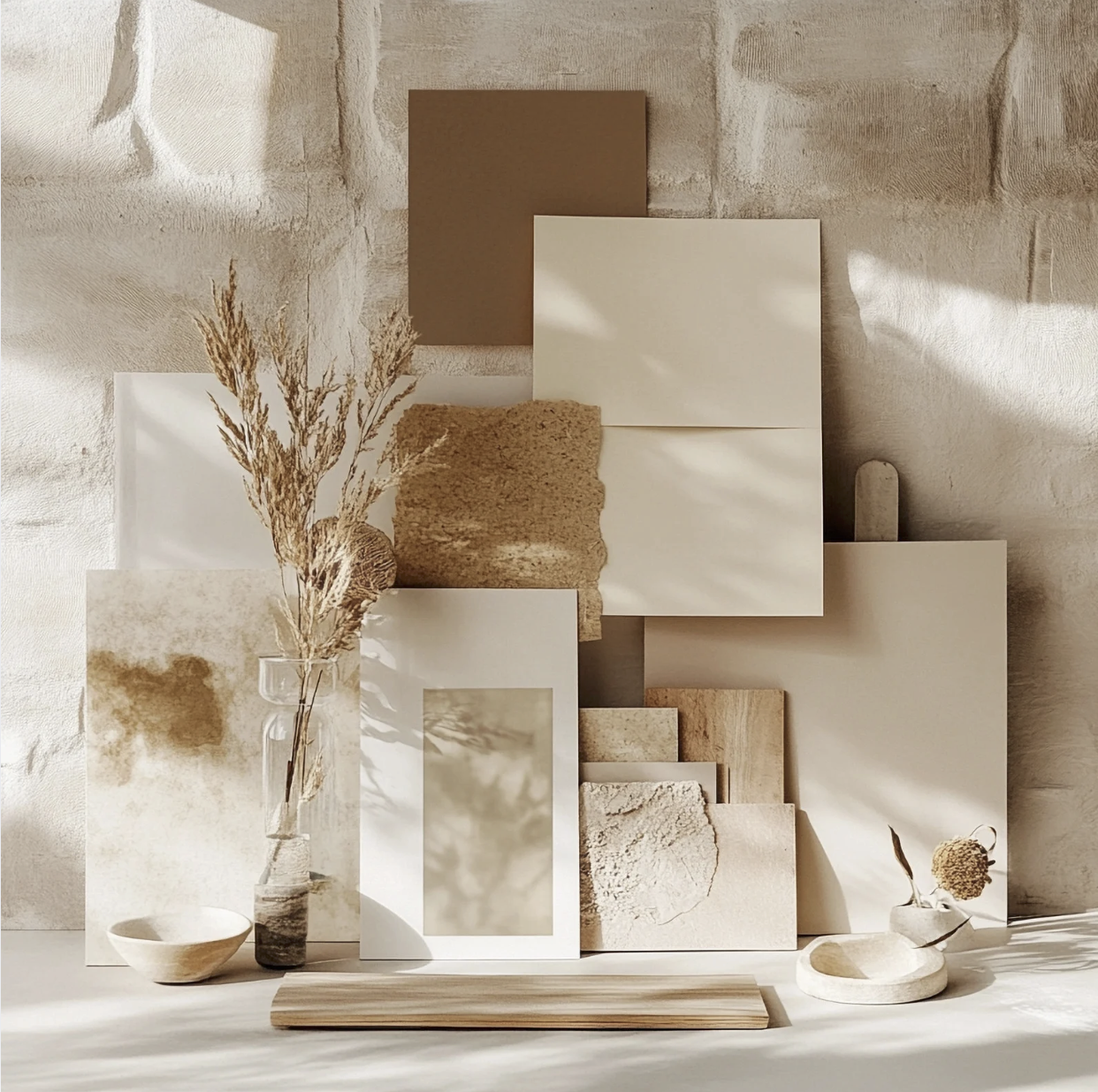 Arrangement of neutral-toned artboards, textured papers, and dried plants in a minimalist decor setting with natural light.