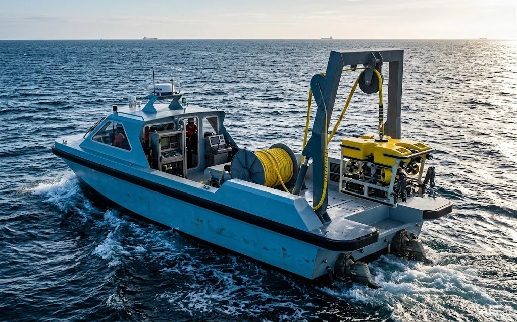 Autonomous hydrographic survey vessel equipped with multibeam echosounder sonar for shallow water mapping and 3D underwater bathymetric modeling.