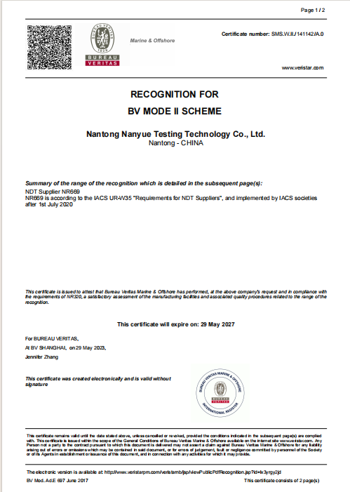 Certificate of recognition for BV Mode II scheme issued to Nantong Nanyue Testing Technology Co., Ltd in Nantong, China. Includes details like the certificate number, expiration date, and a stamp at the bottom right.