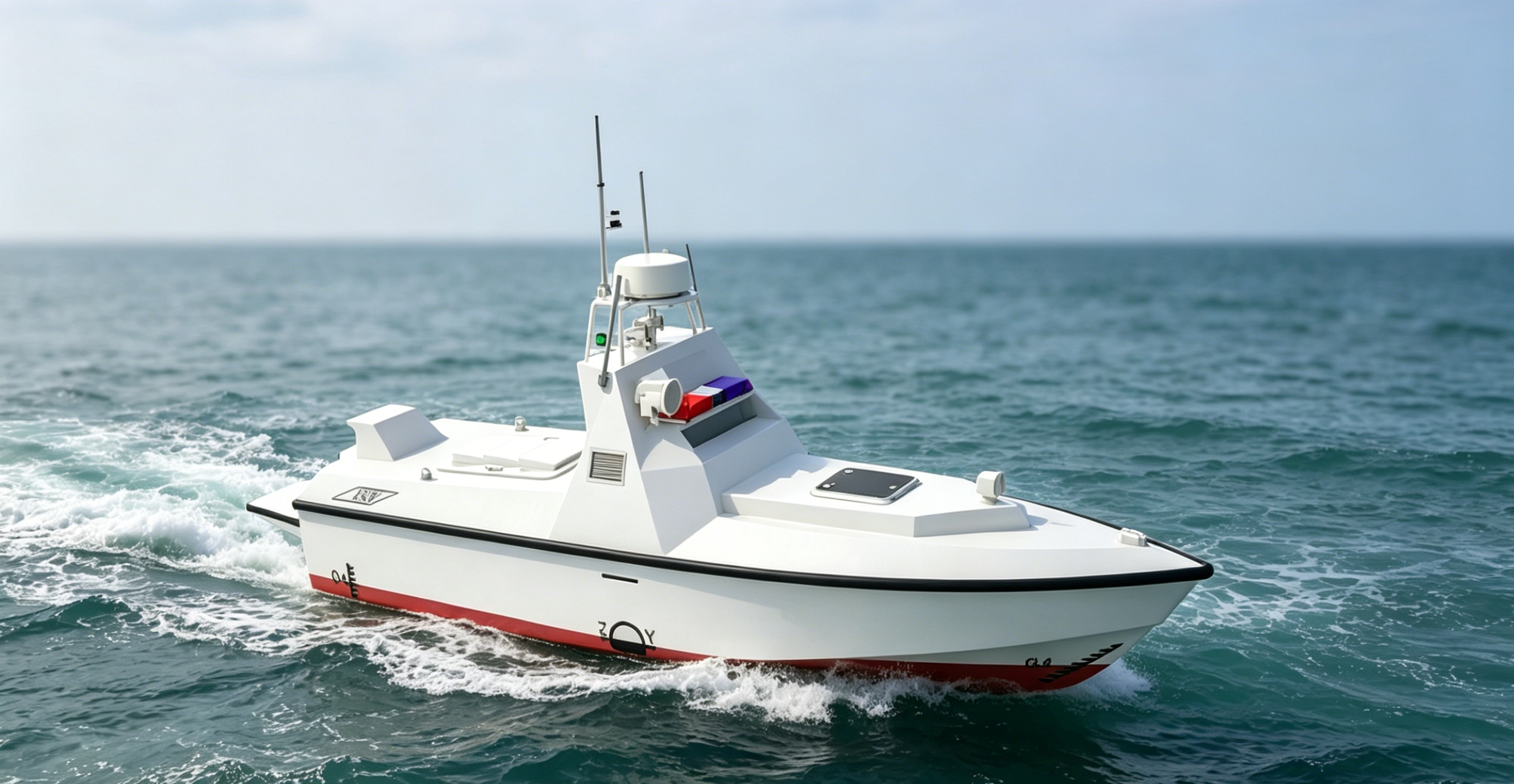 High-performance aluminum coastal monitoring USV by Apex Marine Tech navigating during a smart waterway safety monitoring and port asset protection operation.