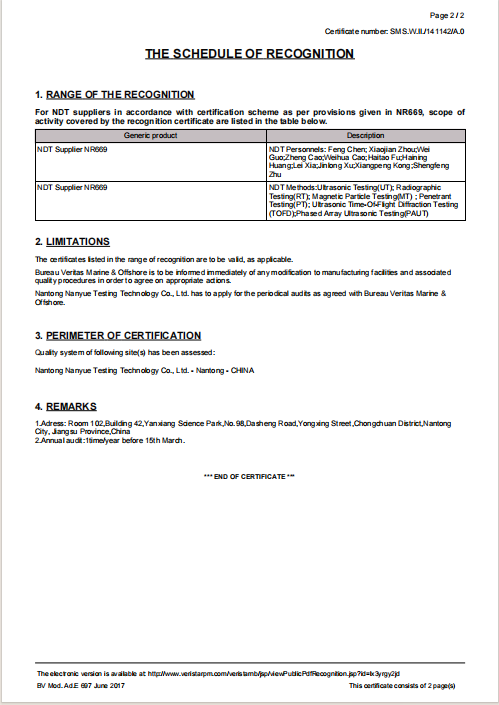 A two-page certificate document titled 'The Schedule of Recognition' with sections on recognition range, limitations, certification perimeter, remarks, and contact details. It includes product information, testing methods, and certification details f