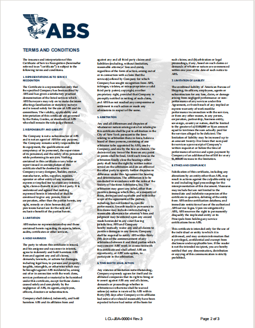 ABS logo and a document titled 'Terms and Conditions' with legal text.