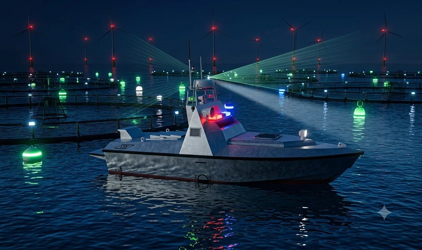 Smart aquaculture inspection USV conducting 24/7 night monitoring with thermal camera near modern deep-sea net-cages for asset-protection monitoring.