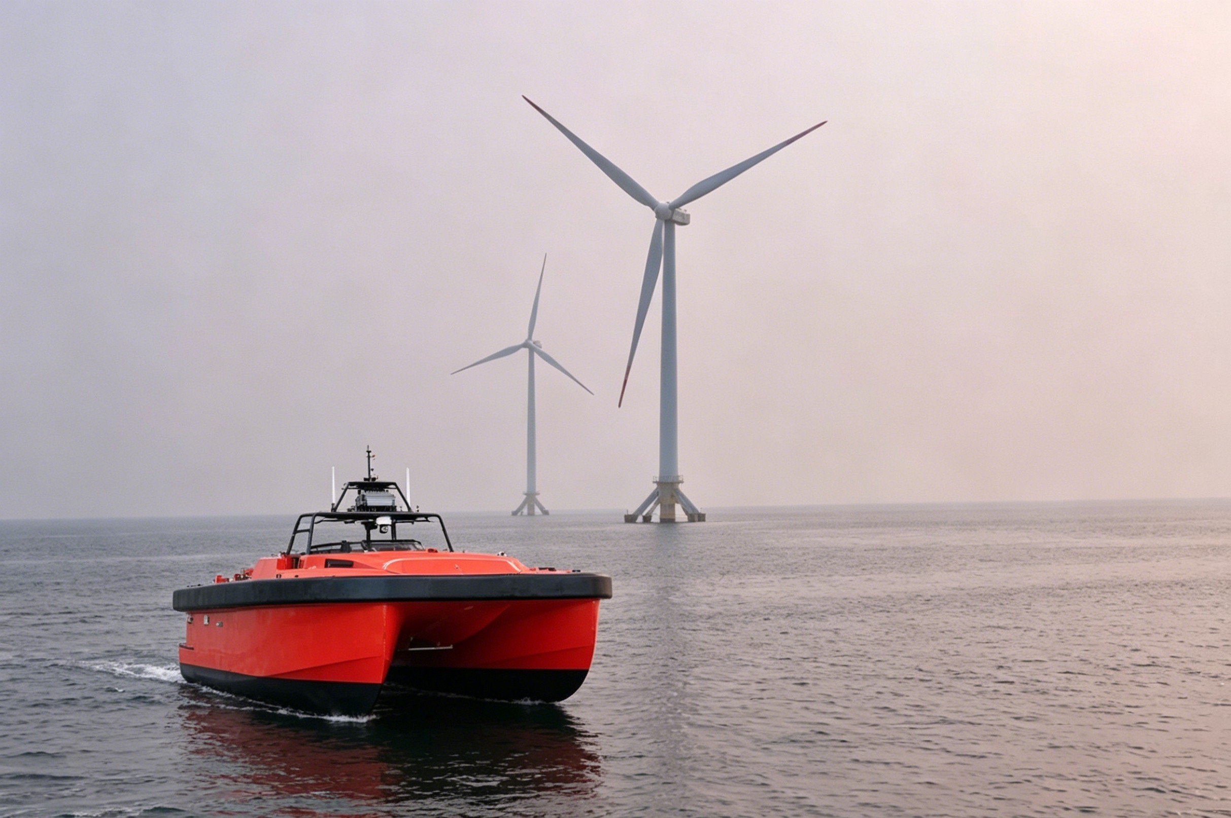 High-stability aluminum crew transfer vessel (CTV) and wind farm maintenance boat navigating near turbine foundations for offshore wind O&M inspection.