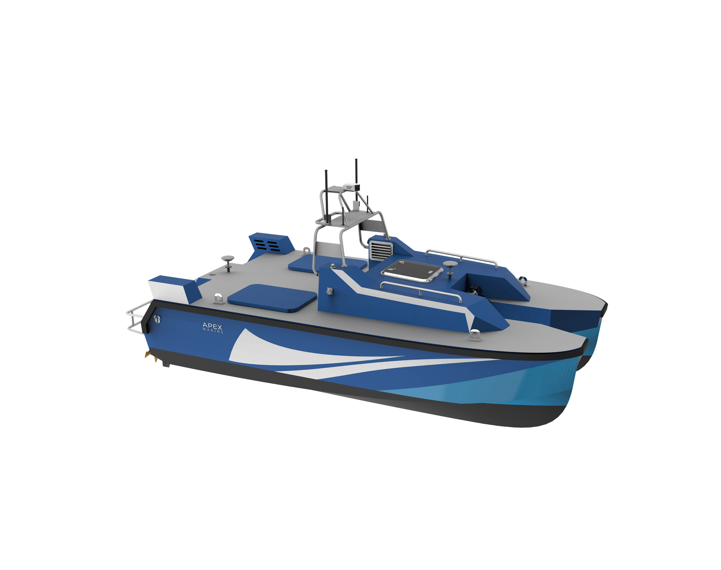 APEXSEA A-500 5m smart micro-multipurpose catamaran USV engineered for environmental monitoring and hydrographic survey, featuring a 153.6V marine lithium pack with 24-hour long endurance.