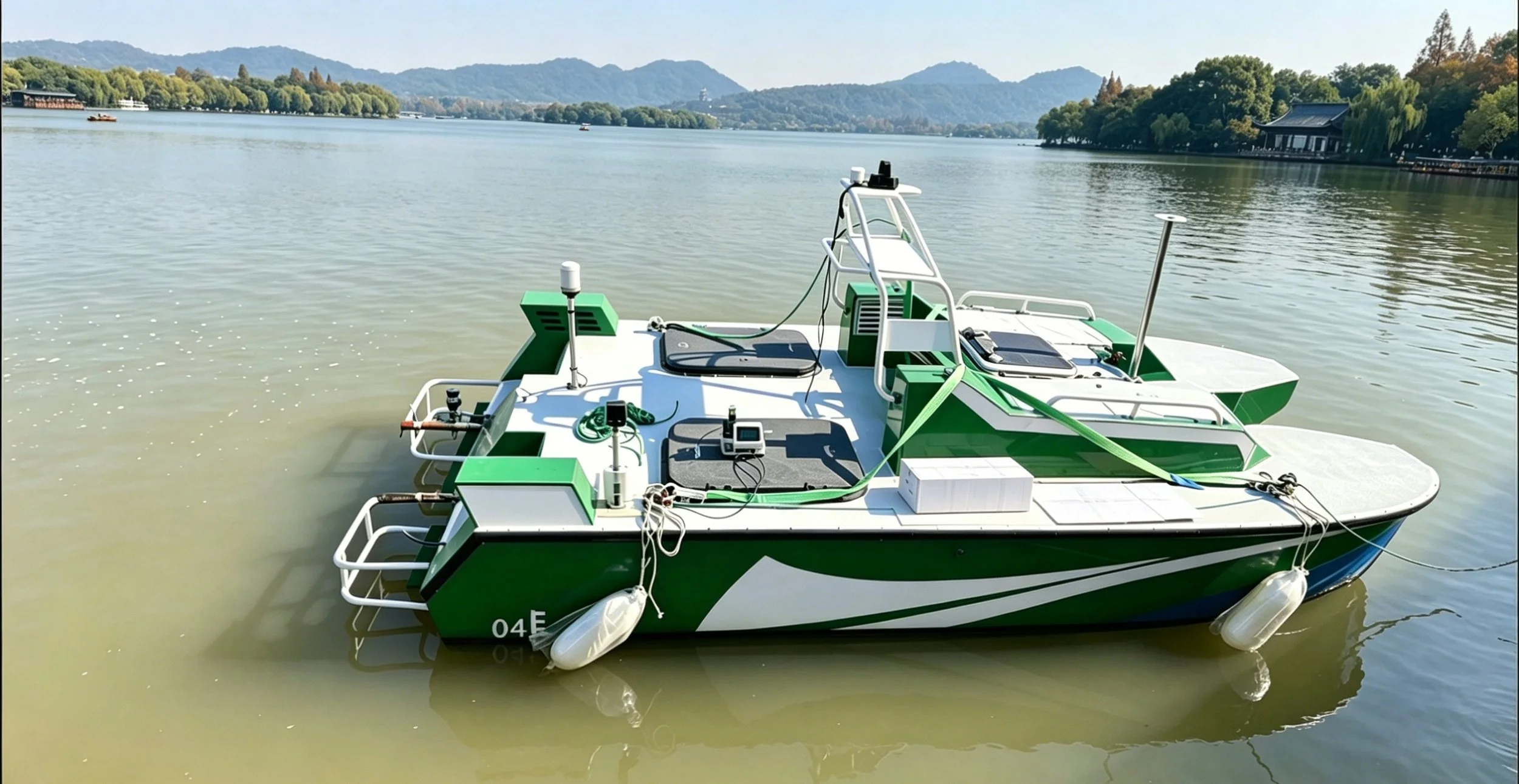 A-500 hybrid propulsion environmental monitoring USV with an ultra-shallow draft executing automated water quality sampling and ecosystem telemetry in a reservoir.