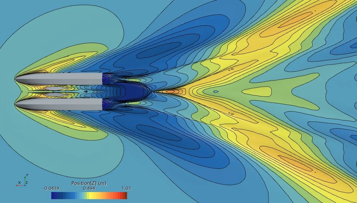 APEXSEA's platform marine catamaran hull CFD (Computational Fluid Dynamics) wave elevation simulation, illustrating clean symmetric wake contours and hull-propulsion efficiency optimization for extended 15% range.