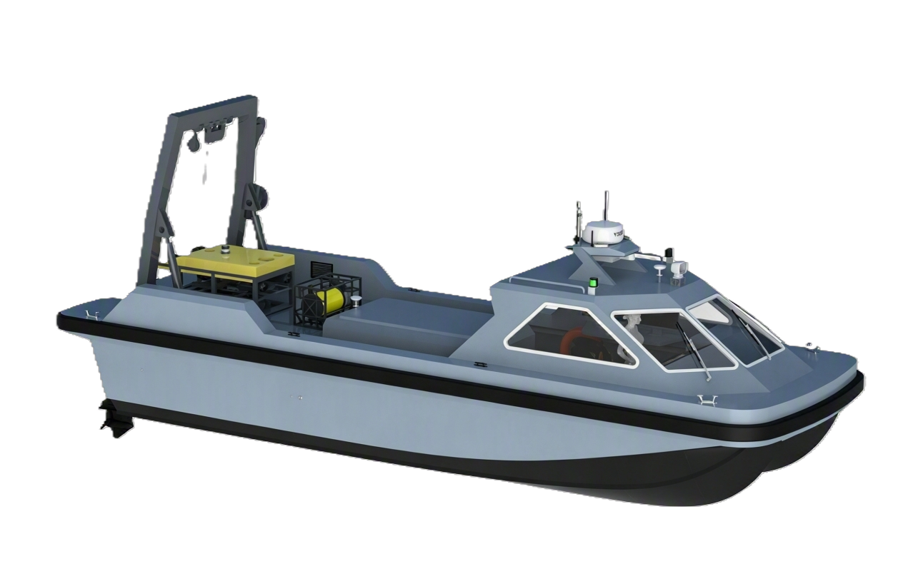 APEXSEA A-1118 11m high-performance hydrographic and oceanographic survey USV equipped with twin outboard motors, 40kW auxiliary marine generator, and a stern A-frame crane for large-scale marine resource research.