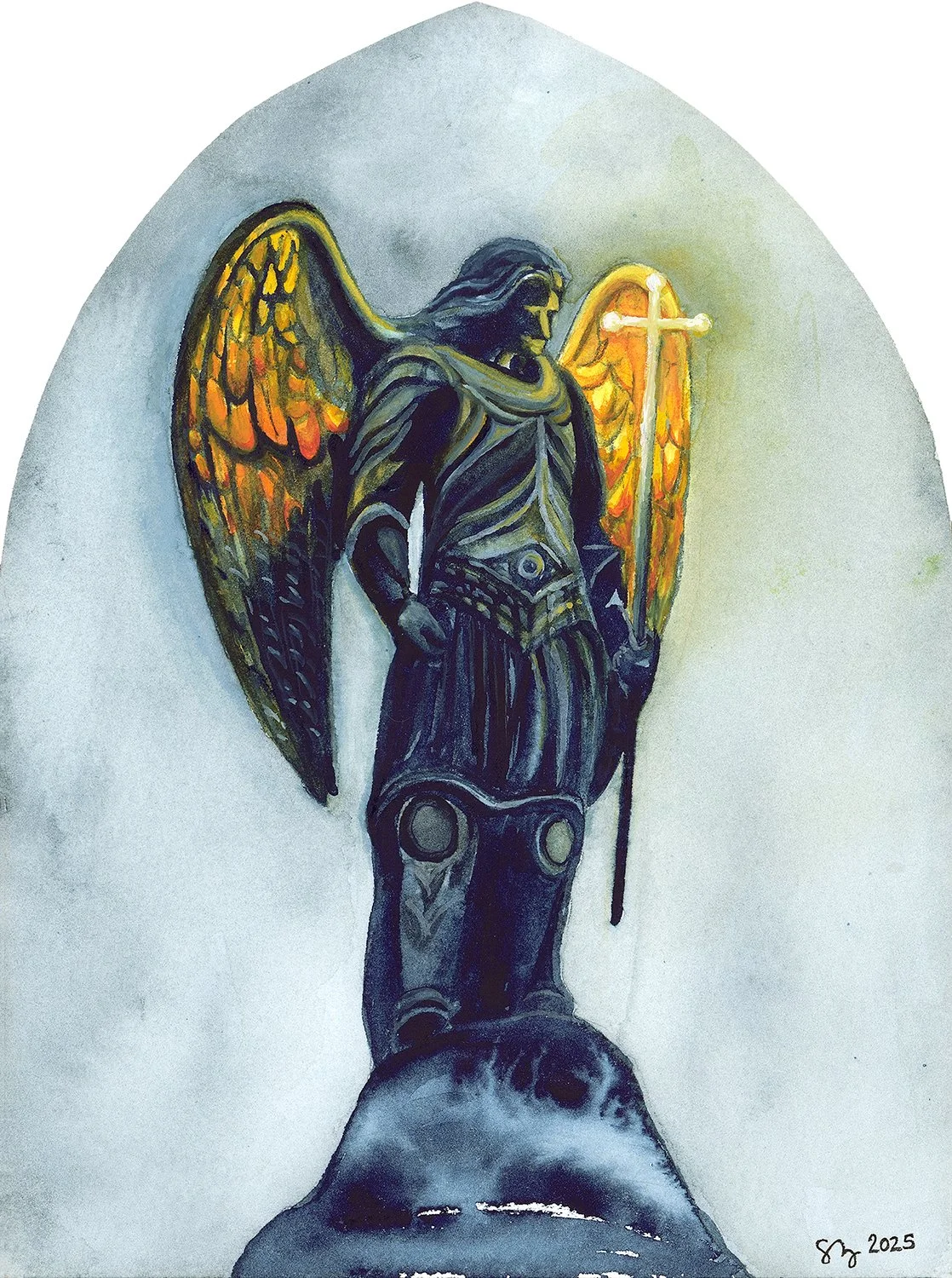 Devotional watercolor painting of St. Michael the Archangel by Catholic artist Shannon Zabawa, Lux Benedicta