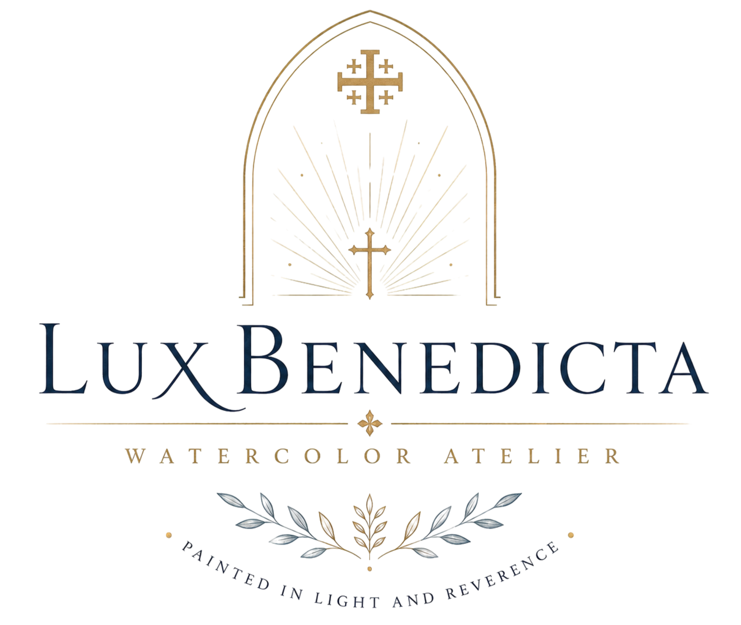 Logo for Lux Benedict Watercolor Atelier featuring a decorative gold cross at the top, an open watercolor brush with rays emanating from it, the words 'Lux Benedict' in elegant font, and floral designs with leaves and flowers.