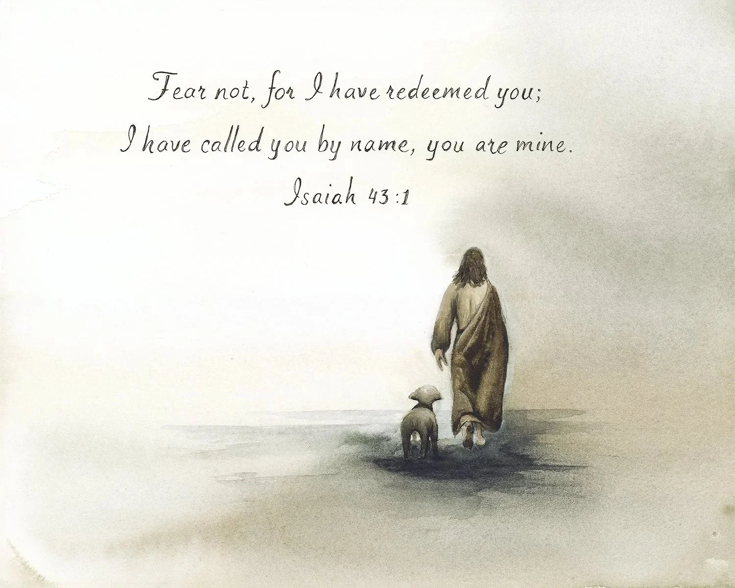 Original Catholic watercolor by Shannon Zabawa, artist in Charlotte, NC, of Jesus Christ the Good Shepherd walking beside a sheep, inspired by Isaiah 43:1 and symbolizing Christ’s tender love and guidance for every soul.